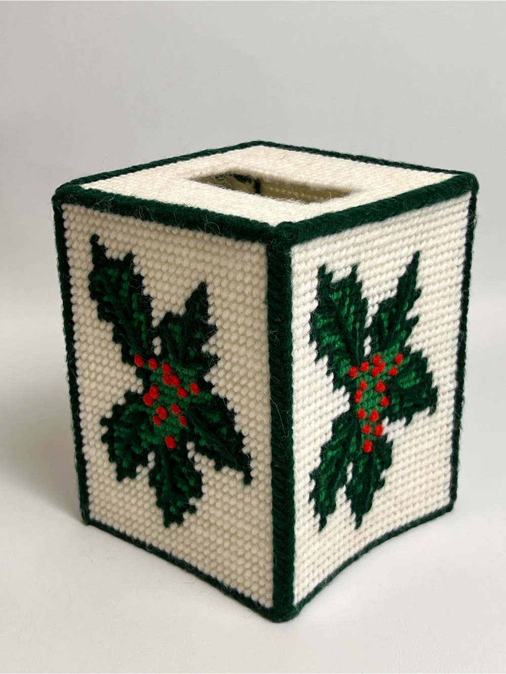 VTG Needlepoint Tissue Box Cover Holly Plant Christmas Themed Hand Made